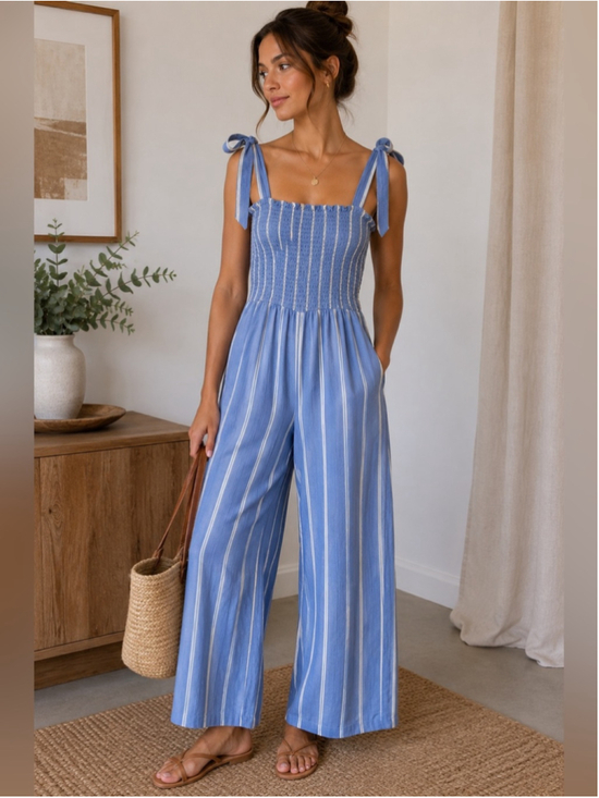 H&M Pants - H&M Light Blue & White Striped Tie-Shoulder Jumpsuit Size 4 Coastal Cottagecore